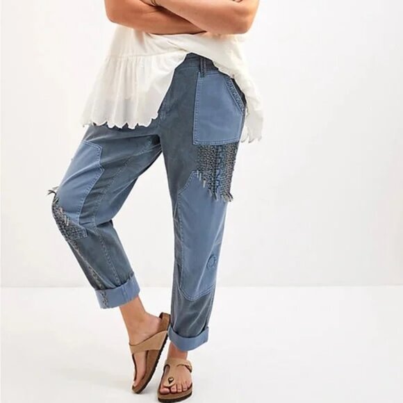 Anthropologie Pilcro The Camp Wanderer Patchwork Pants 27 Blue Embroidered Boho - Picture 1 of 6